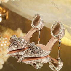 LBSFY -Spring Summer Fashion Pointed Toe Sandals Women's Rhinestone Pearl Butterfly Gold Silver High Heels Party Wedding Heeled Shoes