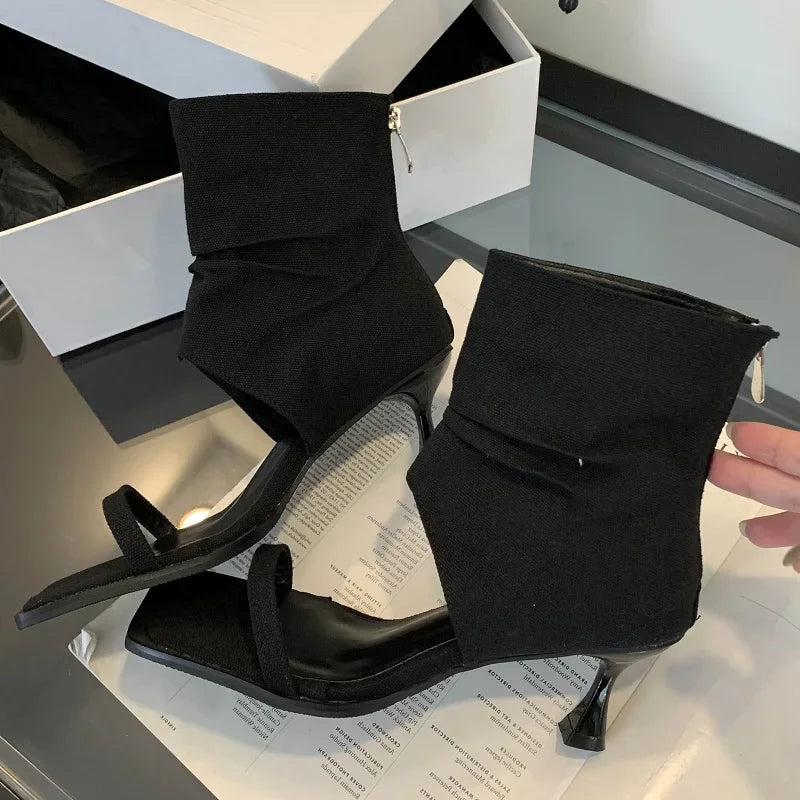 LBSFY -Design Hollow Out Zipper Women Ankle Boots Sandals Fashion Square Toe Thin Low Heels Ladies Shoes Zapatos De Mujer