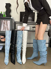 LBSFY  -  Sexy Women Over The Knee Boots Chelsea Booties Pointed Toe Blue Black White Denim Cloth Winter Dress Shoes Slip On Autumn Boots