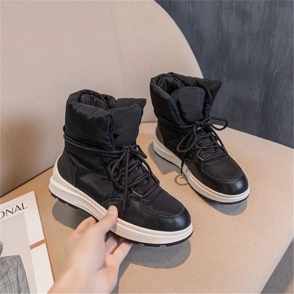 LBSFY  -  Fashion Women Leather Snow Boots Flats Platforms Warm Winter Ankle Boots Plush Windproof Shoes Woman Short Boots