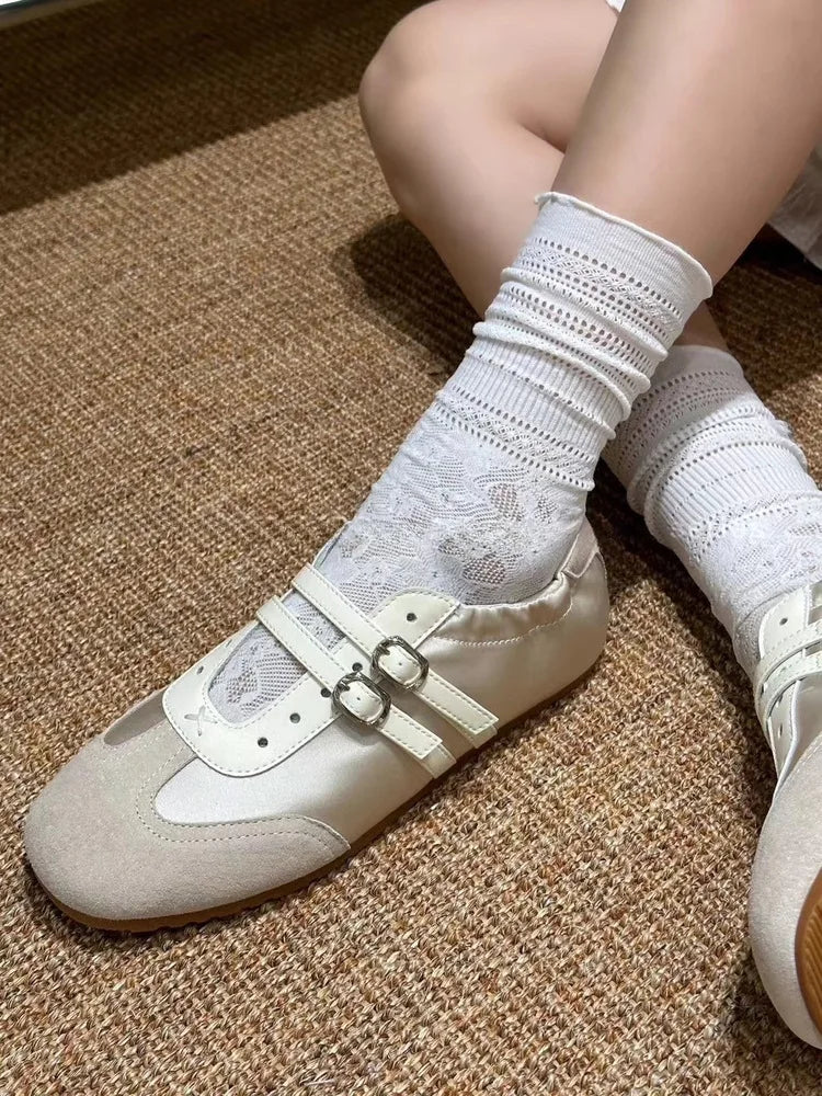 LBSFY -Silver Ballet Flats Women's Soft Leather Sport Mary Jane Ribbon Embellished Adult 1 Slip-on Casual Shoes