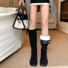 LBSFY  -  Cow Suede Knee High Boots Women Slip On Square Mid Heels Thick Fur Warm Winter Boots Handmade Retro Shoes