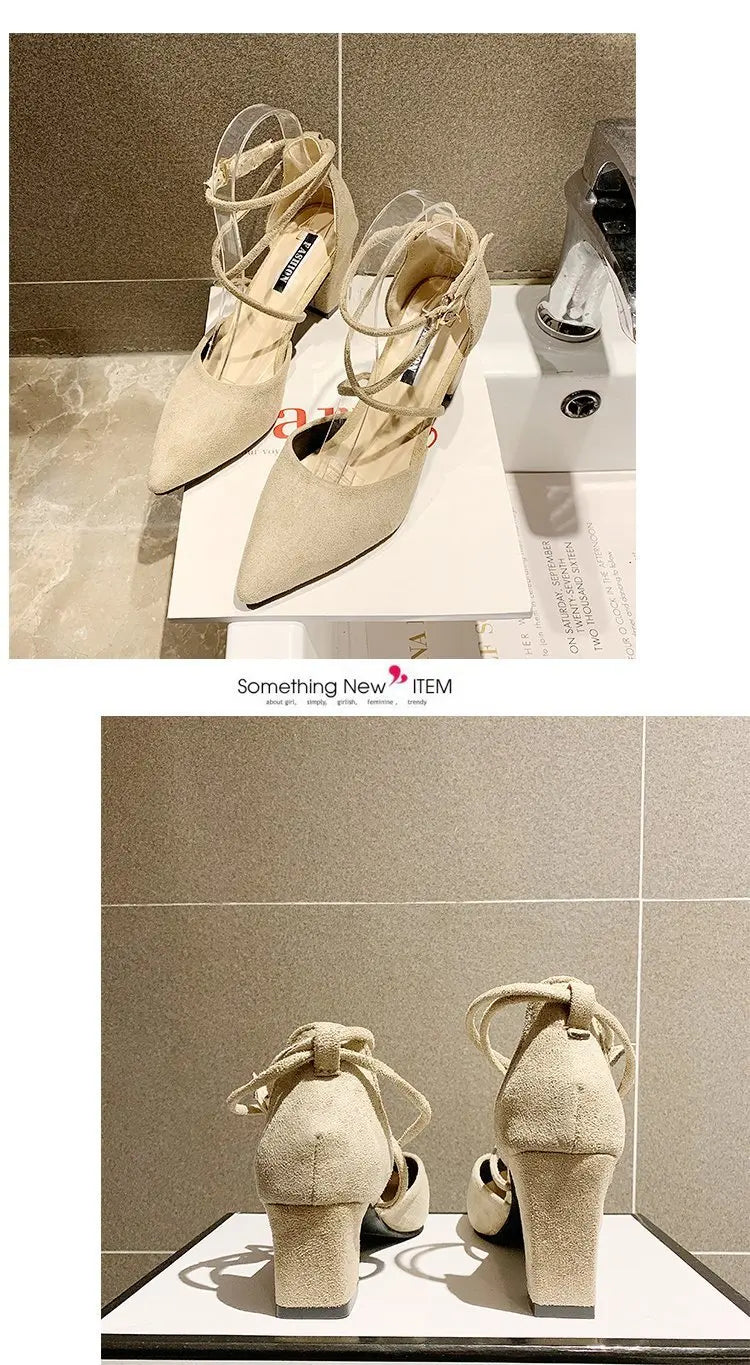 LBSFY -New Spring Autumn Women Heels Ankle Cross Strap Thick High Heel Sexy Female Shoes Casual Suede Black Pointed Toe Pumps
