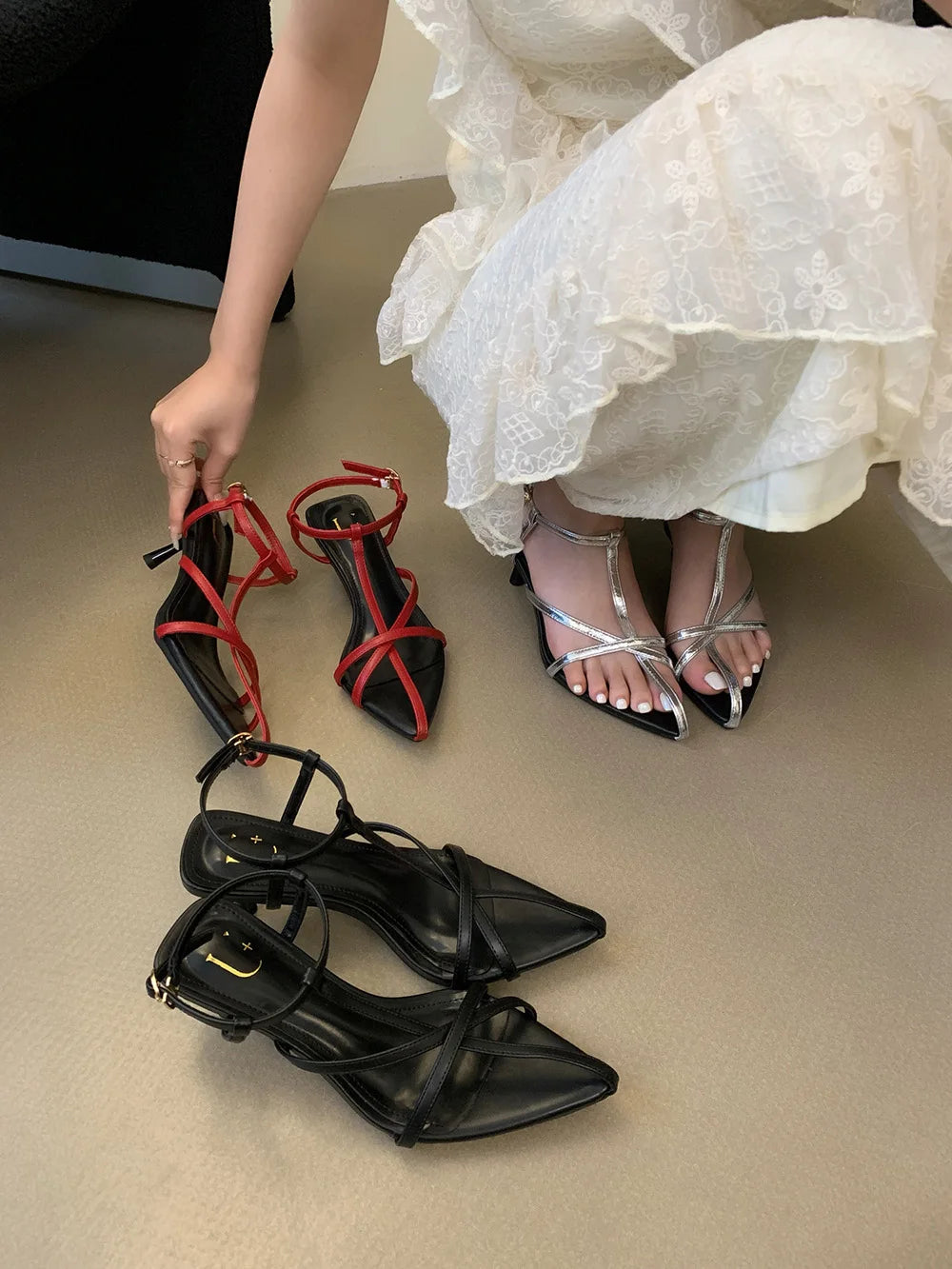 LBSFY  -  Pointed Toe Women Sandals Fashion Dress Party Pumps Thin High Heels Ankle Strap Black Red Silver Hollow Design Wedding Pumps