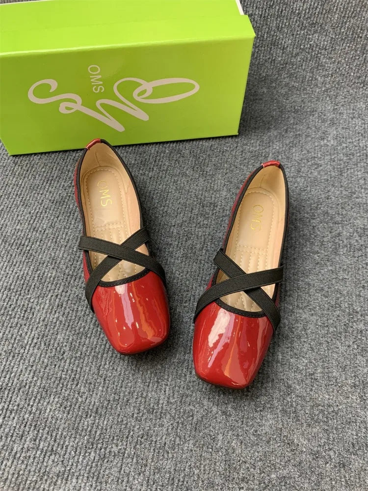 LBSFY  -  Elegant Ballet Flats Cloud Shoes Women PU Leather Elegant Red Mary Janes Shoes Ladies Square Toe Spring Autumn Shallow Loafers