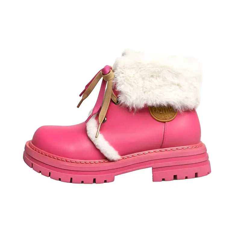 LBSFY  -   Genuine Leather Snow Boots Women Lace Up Solid Color Thick Fur Warm Winter Boots Ladies Fashion Ankle Boots Shoes