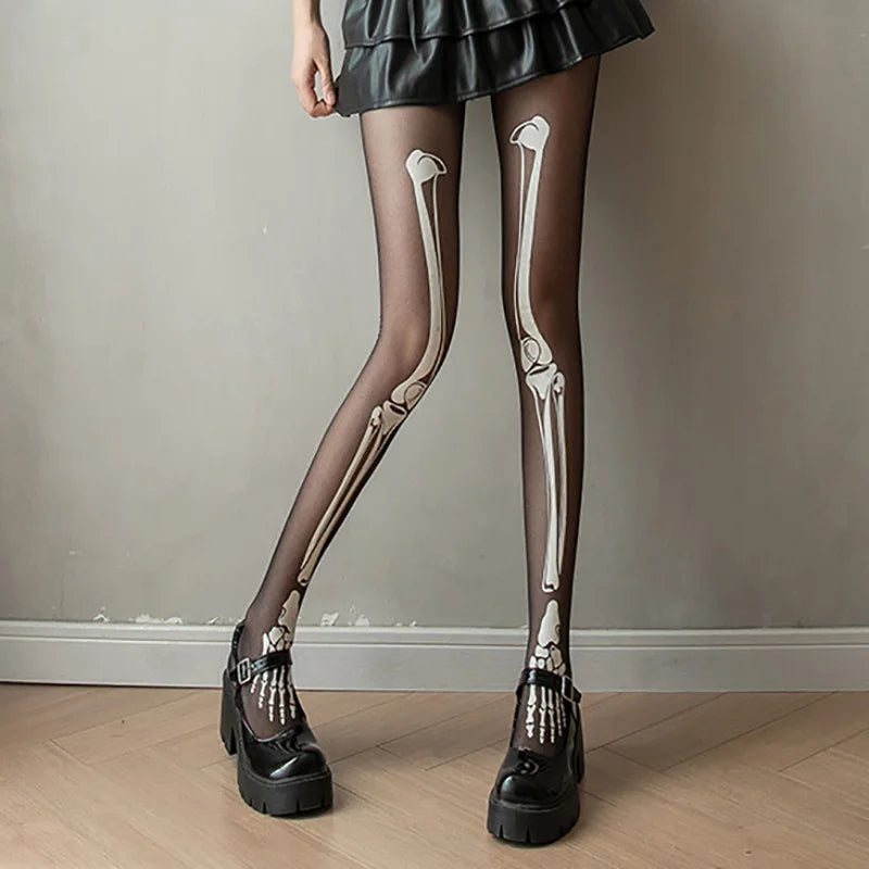 Lbsfy Women's Stockings Sexy Thin Black Thin Leggings Halloween Skeleton Silk Tights  Skull Print Pantyhose Cosplay Party