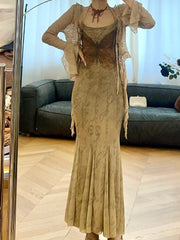 LBSFY  -Two Pieces Set Japanese Chic Casual Grunge Cropped Cardigans + Vintage Y2k Aesthetic Slim Waist Tunic Sexy Butterfly Print Dress