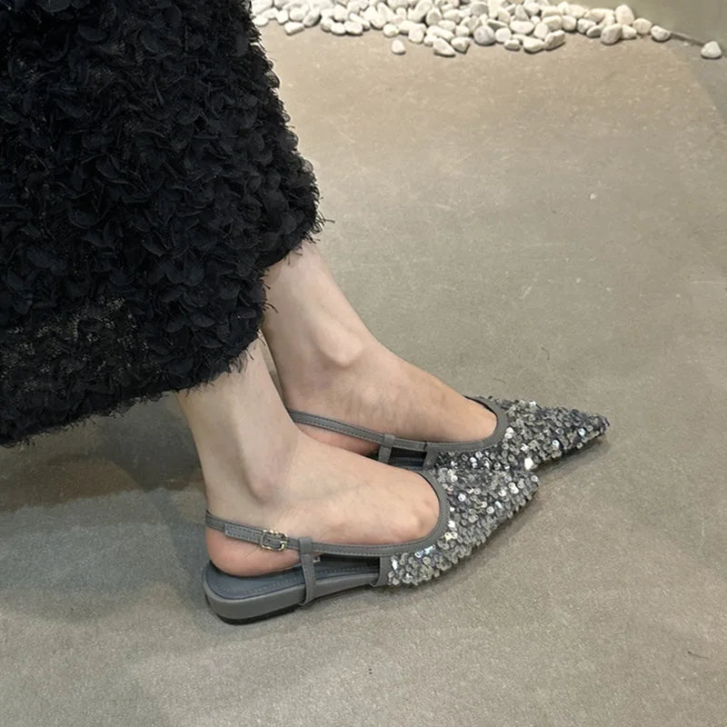 LBSFY  -  New Bling Women Sandals Fashion Pointed Toe Shallow Slip On Ladies Elegant Slingback Shoes Flat Heel Dress Shoes Mujer