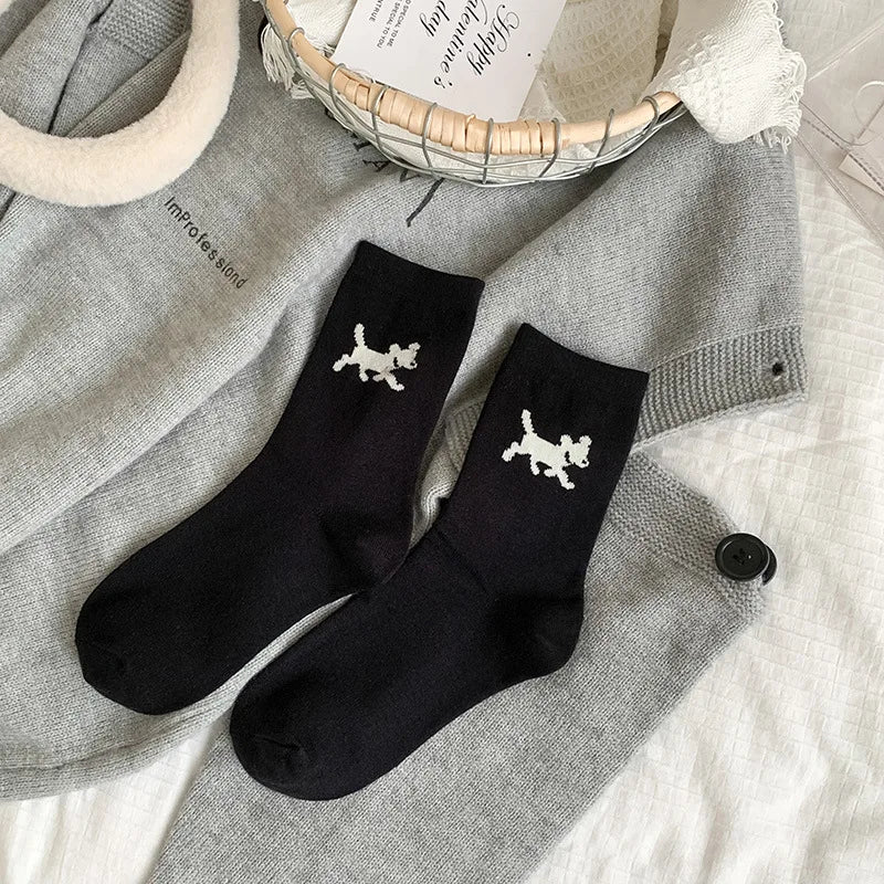 Lbsfy Women's High-quality Combed Cotton Socks Cartoon Pattern Funny Cat Puppy Cute Fashion Striped Mid-calf Socks