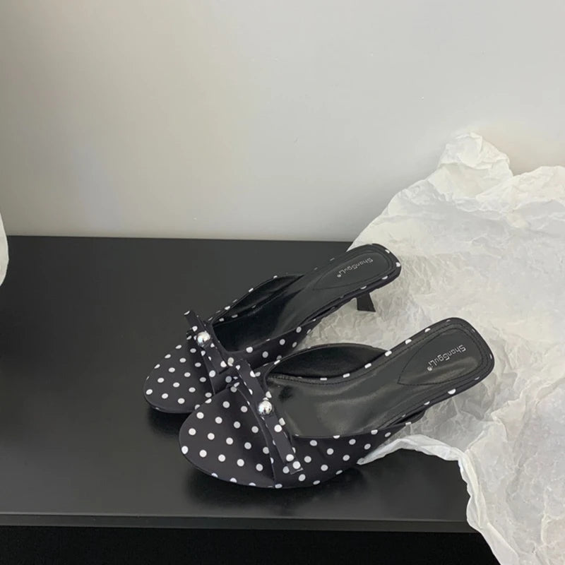 LBSFY  Summer Women Fashion Open Toe Slippers Elegant Low Heel Slides Round Dot Party Dress Sandalias Shoes