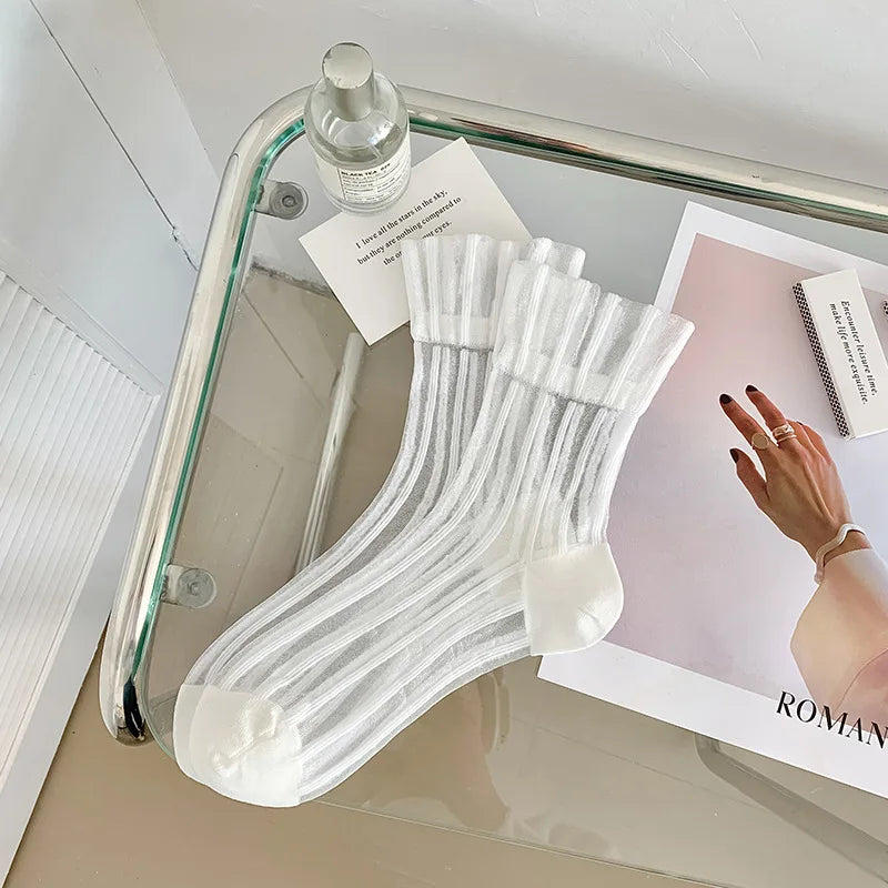 Lbsfy Sweet Lace Socks Women Girls Summer Mesh Crew Ankle Sock Crystal Vertical Stripes Stripes Streetwears Silk Ultra Thin Stockings