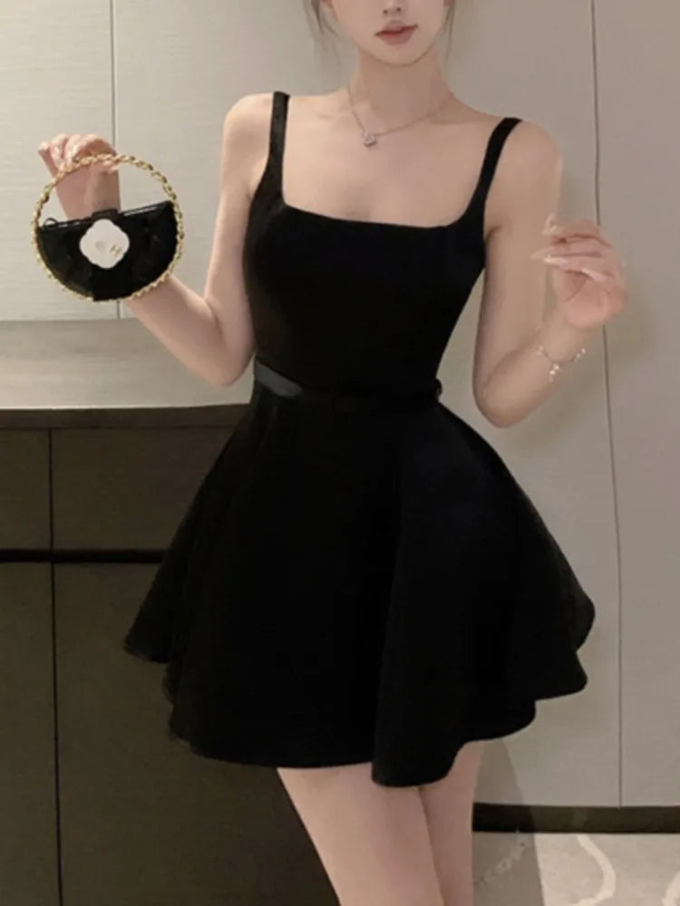 LBSFY -Elegant Vintage Sexy Satin Mini Dress Solid Square-Collar Slim Waist Ball Gown Korean Chic Evening Party Prom Female Clothes