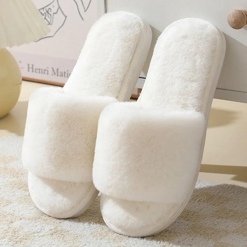 LBSFY  -  Fashion Cross Strap Fur Slippers Women Comfort Soft Long Plush Winter House Slides Woman Peep Toe Faux Fur Warm Cotton Slippers