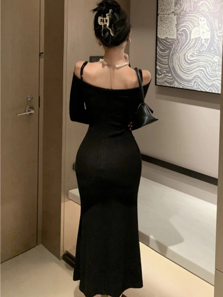 LBSFY -French Sexy Bodycon Knitted Mermaid Dresses Women Hollow Out Spaghetti Strap Corset Slim Waist Evening Party Dress Prom Vestidos