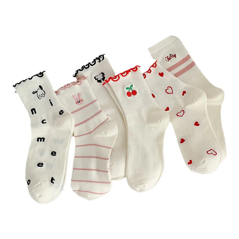 Lbsfy Women Socks Cotton Cute Rabbit Cherry Love Print Striped Ruffle Female Cartoon Animal Embroidery Stockings White Student Socks