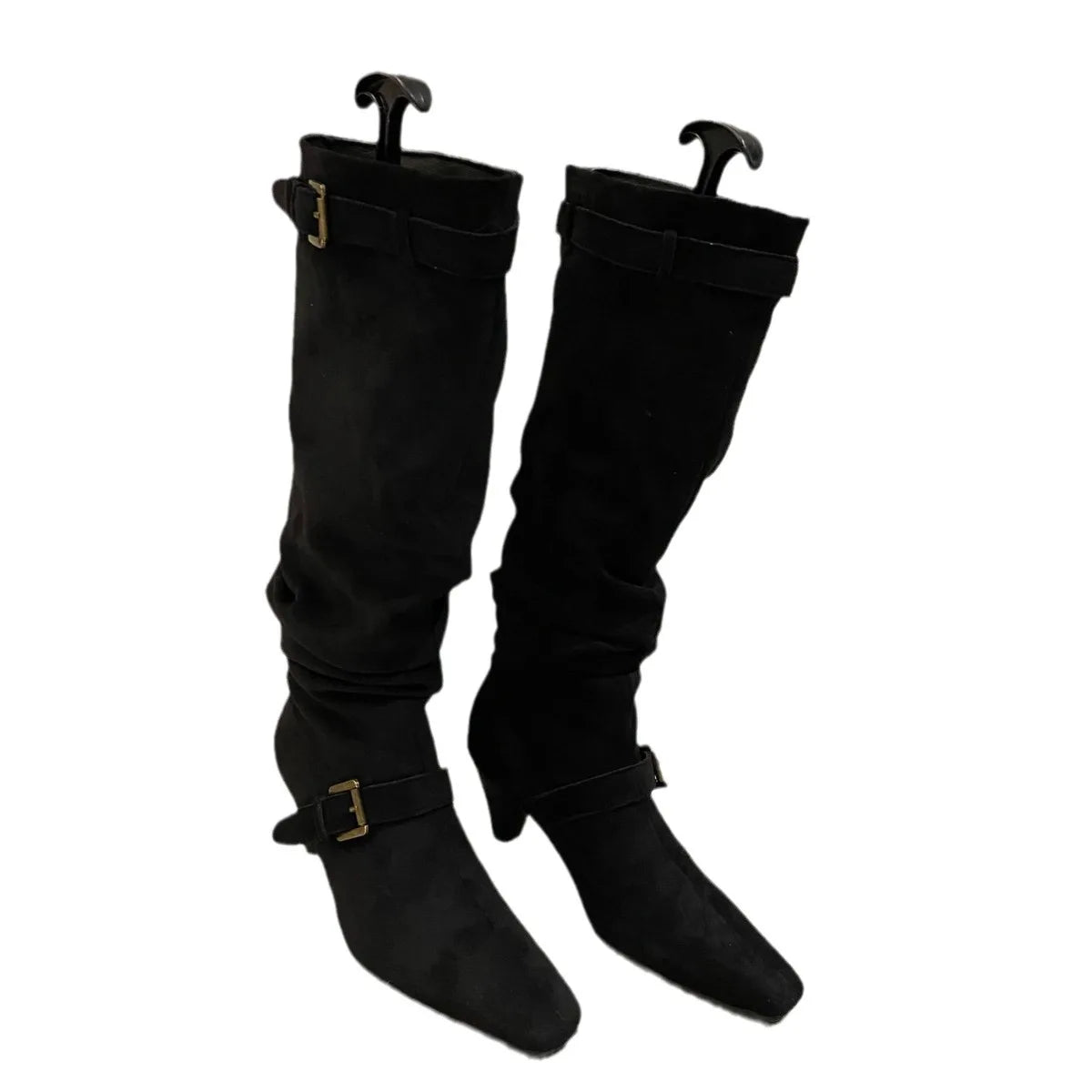 LBSFY  -  French square toe tapered heel pile boots   belt buckle Korean version wrinkled high-heeled long tube boots fashion boots