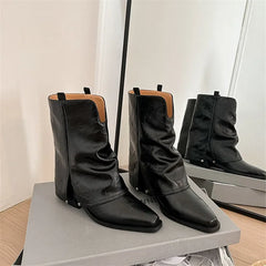 LBSFY  -  New Autumn Winter Split Leather Women Boots Fashion Square Toe Western Boots for Women Mid-calf Boots Chunky Heel Botines Mujer