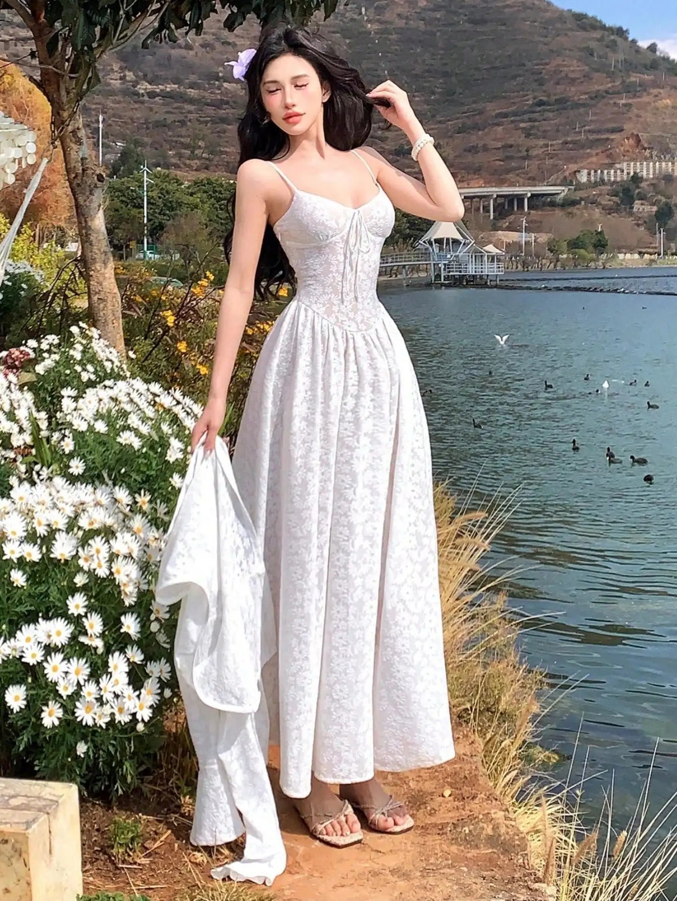 LBSFY -French Elegant Vintage Print Fashion Long Dress Sexy V-Neck Slim Waist Sleeveless Spaghetti Strap Women's Dresses Spring Summer