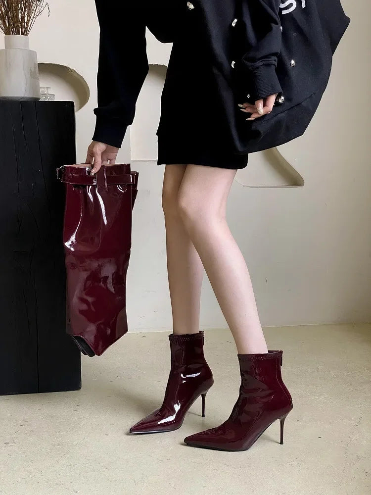 LBSFY -Street Style Sexy Patent Leather Woman Knee-High Boots Thin Heels Long Booties Designer Belt Buckle Strap Stripper Shoes
