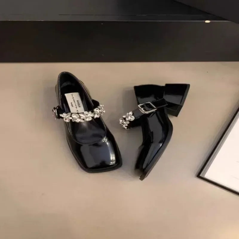 LBSFY -Women's Fashion High Heel Single Shoes Autumn New Square Head Shallow Mouth Rhinestone Thick with Temperament Mary Jane Shoes