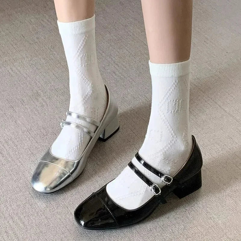 LBSFY  -Women's Fashion Mary Janes Shoes Autumn Sliver Leather Buckle Mid-heels Dress Shoes Women Square Toe Shallow Chunky Heels Shoes