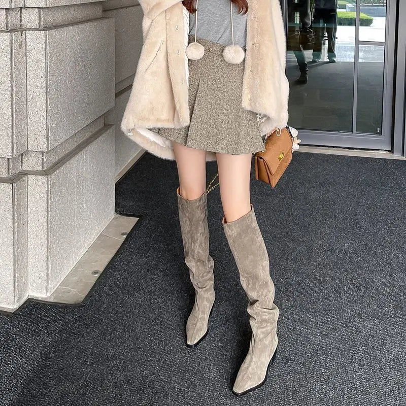 LBSFY  -  2024 New Faux Suede Over The Knee Boots Women Pointed Toe Pleated Thigh High Boots Fashion Long Botas Ladies Daily Shoe