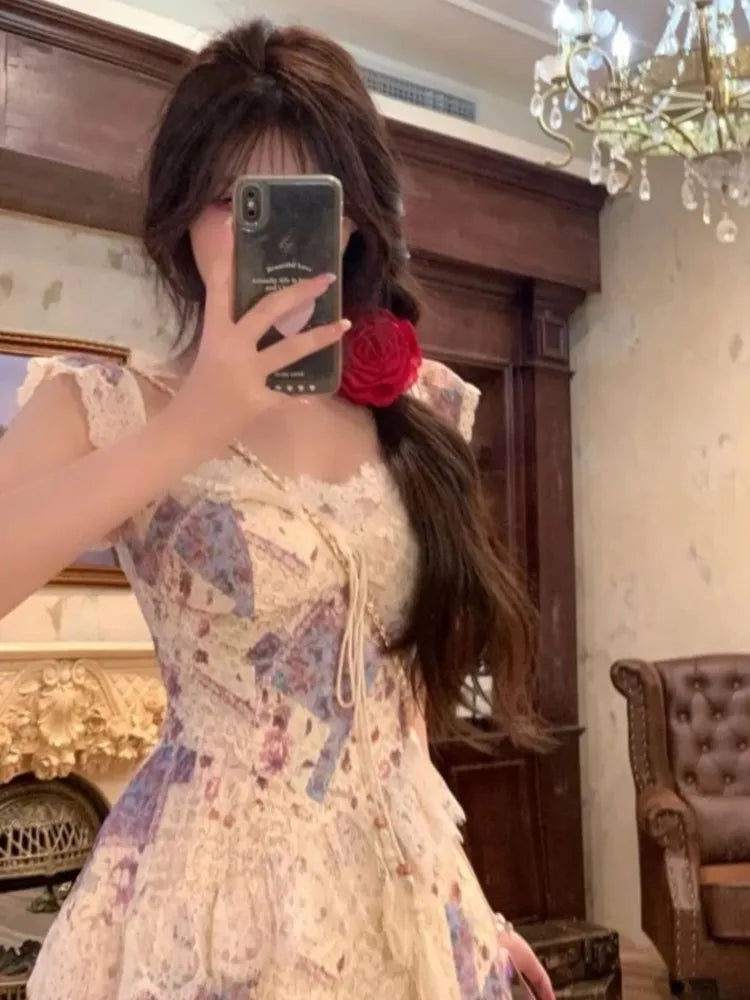 LBSFY -Chic Elegant Print Patchwork Women's Dresses Summer Ruffles Mesh Square-Collar Lace Up Flying Sleeves Dress Holiday Casual New