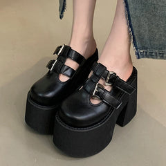 LBSFY -Black Chunky Heeled Slippers Women Platform Wedge Heels 11cm Punk Rivet Close Toe Summer Shoes Size 34-42 Femme Footwear