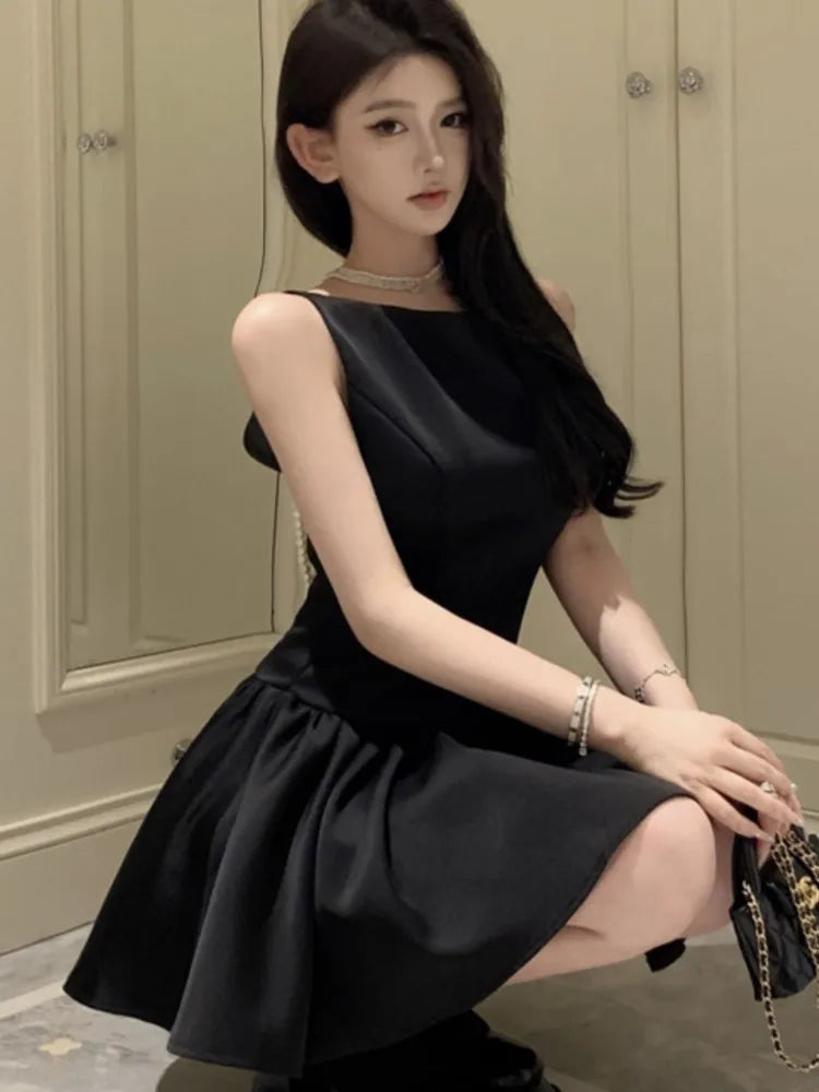 LBSFY -Summer 2025 Chic Elegant Black Evening Party Women Princess Dress Pearl Chain Backless Wedding Guest Travel Short Dresses New