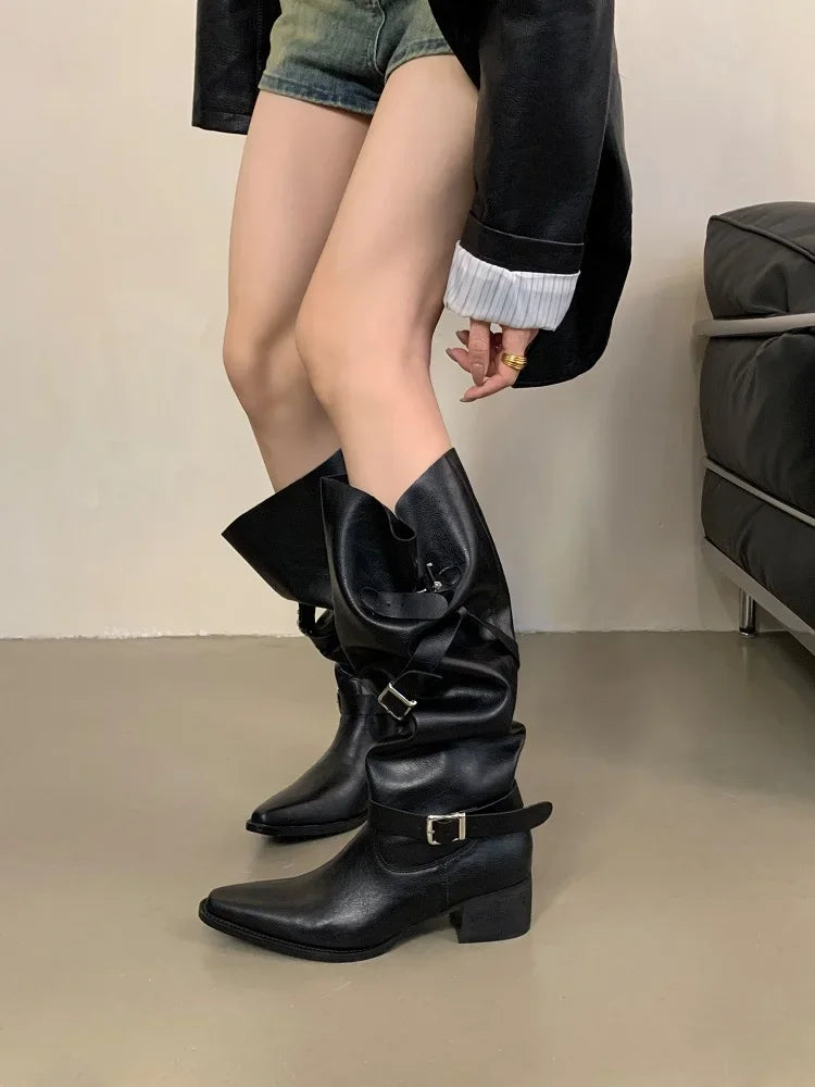 LBSFY -Winter Black Punk Round Toe Knee-High Women Boots Square Heels Buckle Strap Ladies Booties Shoes Zapatillas De Mujer