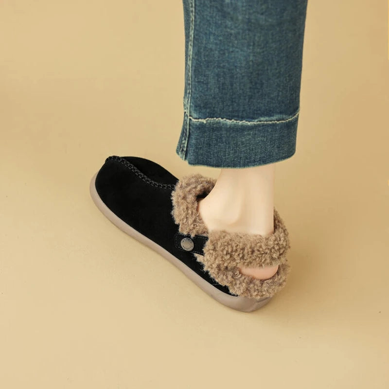 LBSFY  -  NEW Winter Women Mules Cow Suede Leather Shoes for Women Round Toe Platform Women Slipper Warm Plush Cover Toe Slingback Sandals