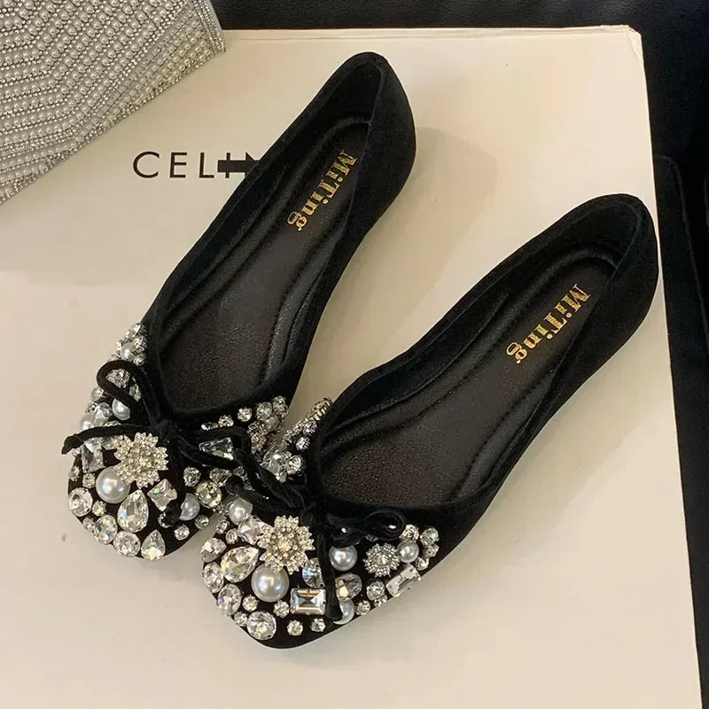Lbsfy Crystal Pearl Designer Flat Women Shoes Comfort Soft Soled Dress Shoes Leisure Shiny Rhinestones Mules Shoes Zapatos De Mujer