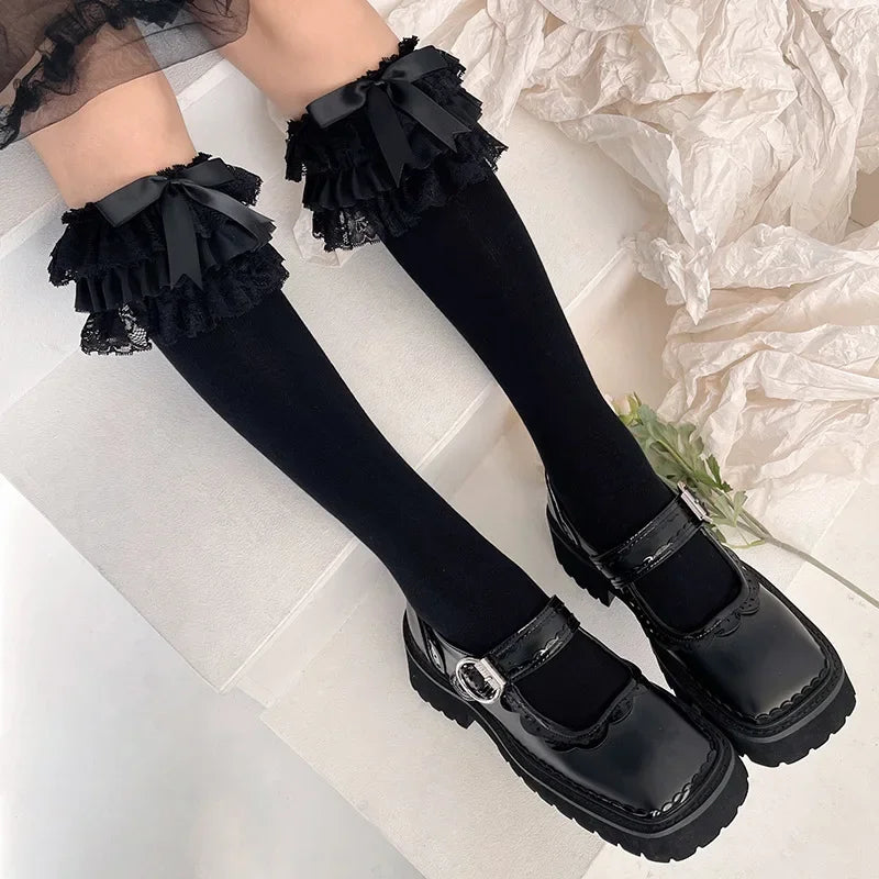 Lbsfy JK Lolita Women Stockings Y2k Girls Ruffle Long Socks Stockings Japanese Style Kawaii Bowknot Cute Lacework Knee Socks Stockings