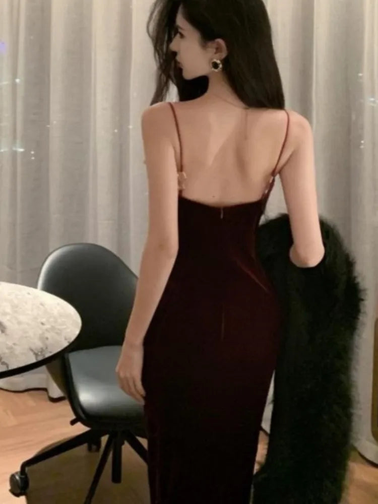 LBSFY -Vintage Elegant Sexy Bodycon Women's Dresses Backless Split Slim Off-Shoulder Sling Dress 2025 Chic Party Prom Female Clothes