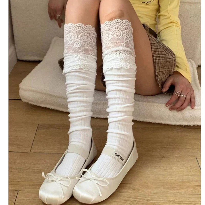 Lbsfy Boot Socks Autumn/Winter Solid Color Thigh High Lace Cute Lolita Thick Warm Stockings Sexy Black White Long Leg Socks for Women