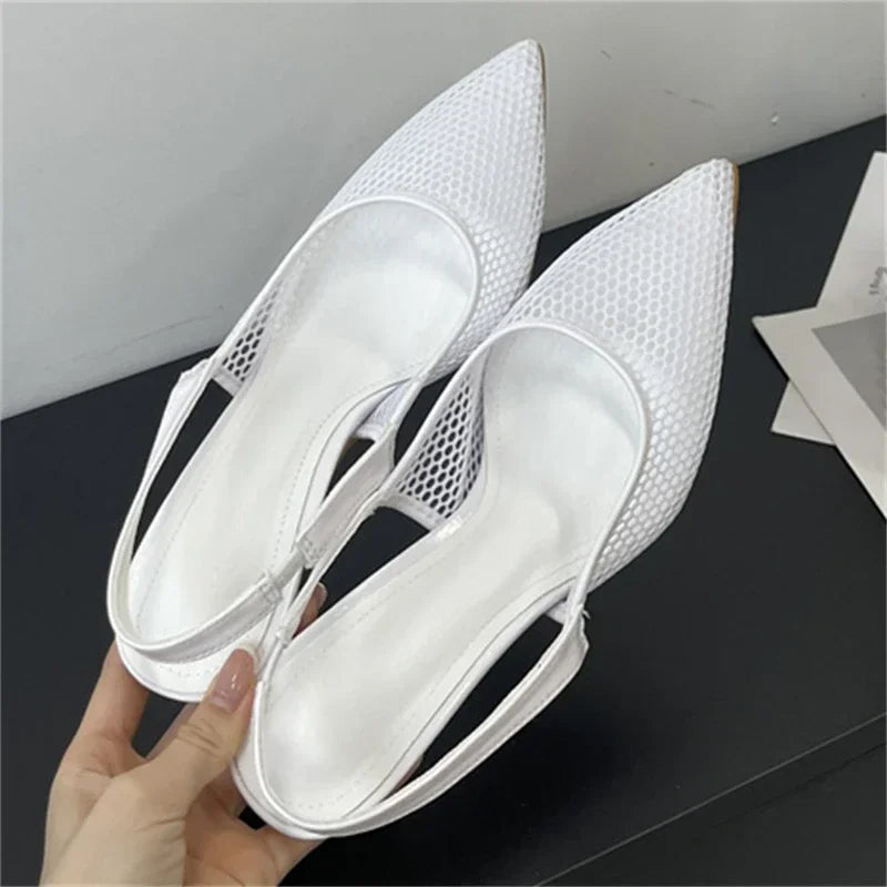 LBSFY -Summer Breathable Mesh Pointed Toe Women Pumps Elegant Slingbacks Thin Low Heels Party Dress Shoes BIG SZIE 43