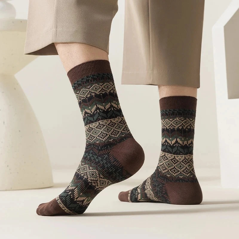 Lbsfy 10 Pairs Men's Cotton Crew Socks Retro Breathable and Sweat-absorbing Winter Sock Fair Style Ethnic Pattern Geometric Man Socks