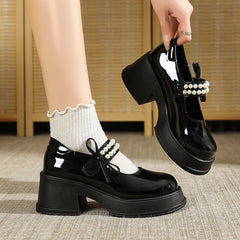 LBSFY -Vintage High Heels Mary Jane Shoes for Women 2025 Patent Leather Platform Pumps Woman Pearls Thick-Heeled Shoes Female