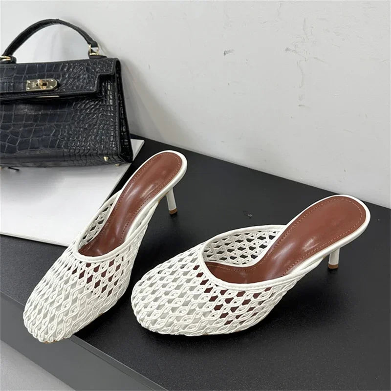 LBSFY -Summer Hollow Out Breathable Mesh Weaving Women Slippers Fashion Thin Heels Party Dress Mule Shoes Large Size 43