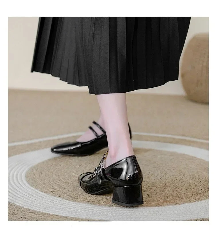 LBSFY  -Women's Fashion Mary Janes Shoes Autumn Sliver Leather Buckle Mid-heels Dress Shoes Women Square Toe Shallow Chunky Heels Shoes