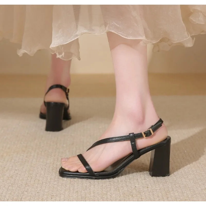 LBSFY -Women Sandals Ladies Square Heels Elegant Summer Slippers Outside Cross Tied Leather Female Slides 2025 Fashion Woman Sandals
