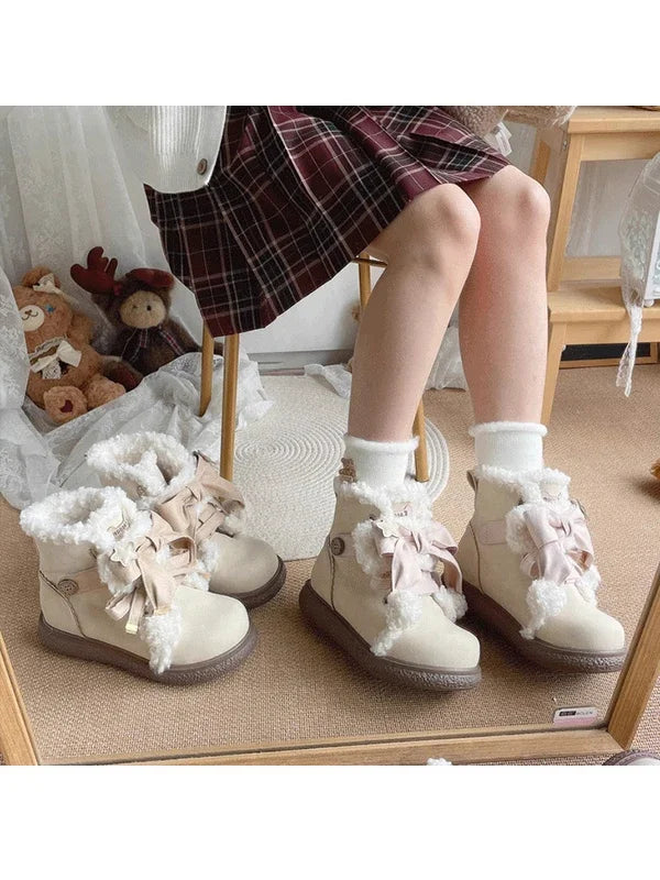 LBSFY  -  Lolita Thickened Snow Boots Female Cute Bow Sports Cotton Shoes Sweet Round Head Casual Platform Boot