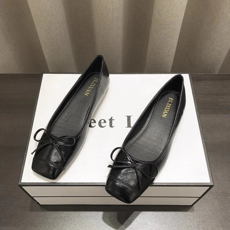 LBSFY -Bowtie Flat Shoes Women Ballerinas Square Toe Slip on Ballet Flats Lazy Loafers Moccasins Ladies Casual Comfort Shoes