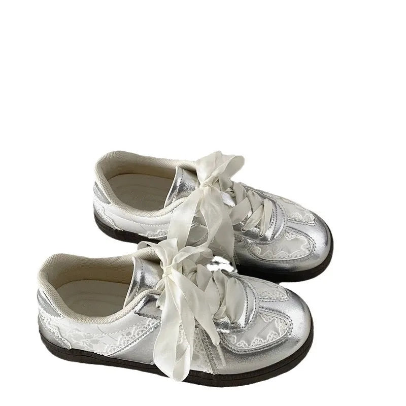 LBSFY -Lace Silver German Training Shoes Women's Retro Casual Sports Board Shoes Versatile Flat Lace Edge Breathable Board Shoes