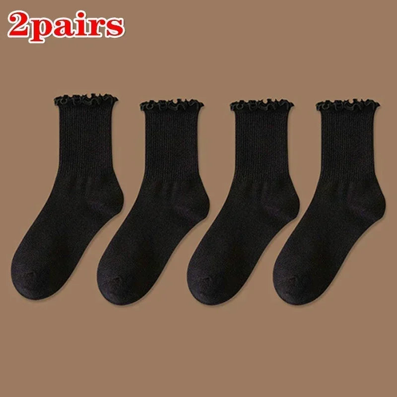 Lbsfy 1/3pairs Cute Cotton Ruffles Ankle Sock Women Autumn Black White Middle Tube Breathable Japanese Sock Lolita Kawaii Korean Stock