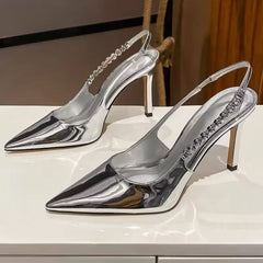 LBSFY -New Women's Shiny High Heels Slingback Women Pumps Metallic Crystal Sandals Pointy Toe Stiletto Heeled Shoes Party Dress Shoes