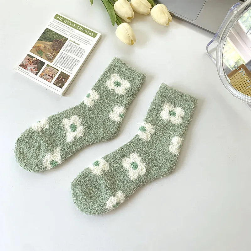 Lbsfy Women Socks Kawaii Cute Strawberry Cherry Flowers Winter Thicken Warm Soft Coral Fleece Thermal Homewear Floor Sleeping Socks