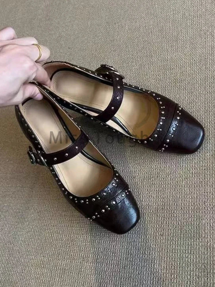LBSFY  -  Autumn New French Rivet Commuter Pumps Women Elegant High Heel Leather Chunky Shoes Female Vintage Line Band Mary Jane Shoes