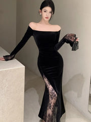 LBSFY -Women's Sexy Black Velvet Dress Elegant Chic Off Shoulder Lace Split Evening Party Dresses Autumn Female Bodycon Vestidos Mujer